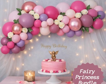 Kit de decoração para chá de bebê rosa com guirlanda, arco e arranjo para festa, balões e painel de fundo para aniversário com tema de princesa e fadas.