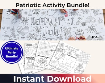 Paquete imprimible de hojas de actividades del 4 de julio, juego para niños, página para colorear, descarga de hojas de trabajo de celebración, mantel, Día de la Independencia, patriótico