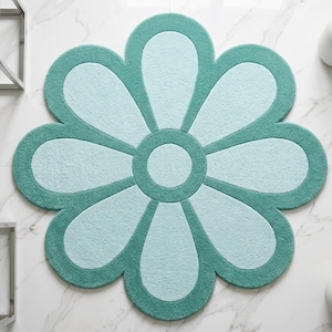 Handmade Tufted Flower Rug | Teal Light Blue Shaped Carpet | Modern Living Room Mat