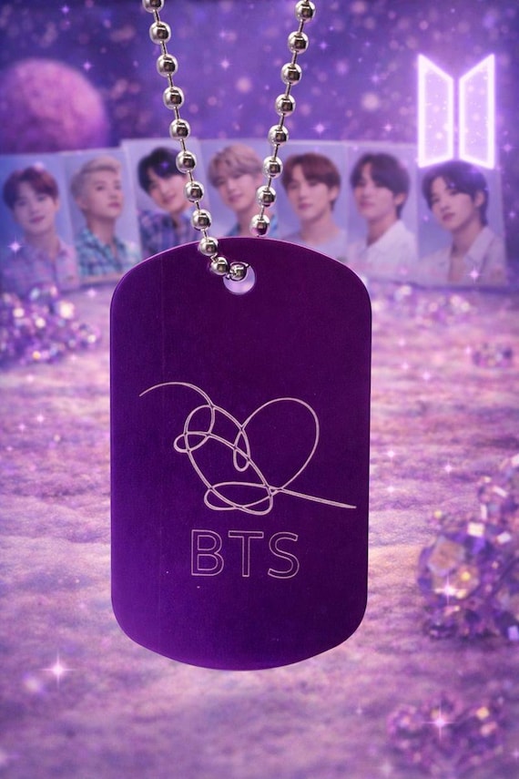 Purple BTS ARMY Dog Tag Necklace – Engraved Heart, K-pop Fan Gift