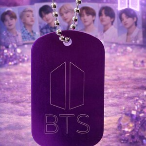 Purple BTS ARMY Dog Tag Necklace – Engraved Heart, K-pop Fan Gift 