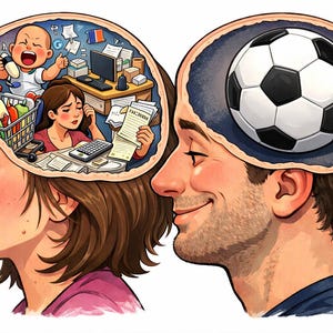 May include: Illustration depicting two people with open heads. One shows a woman with a stressed expression, her mind filled with a baby, groceries, and bills. The other shows a man with a soccer ball in his mind.