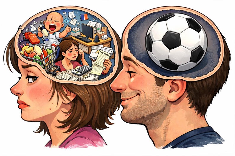 May include: Illustration depicting two people with open heads. One shows a woman with a stressed expression, her mind filled with a baby, groceries, and bills. The other shows a man with a soccer ball in his mind.