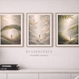 Puede incluir: Tres impresiones artísticas enmarcadas con una serena escena de bosque de ensueño. Cada impresión presenta una figura caminando hacia una luz brillante y etérea. Las impresiones se exhiben sobre una estantería blanca con objetos decorativos y el texto "EVANESCENCE Dreamlike Journeys".