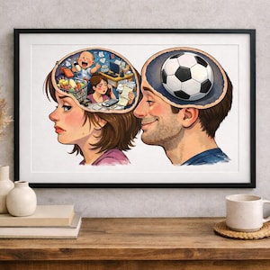 May include: Framed art print depicting two people with open heads. One shows a woman with a stressed expression, her head filled with a baby, groceries, and bills. The other shows a smiling man with a soccer ball in his head.