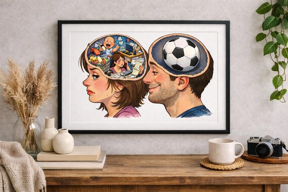 Affiche Charge Mentale – Illustration Femme et Homme – Poster humour intelligent – Décoration murale   couleur – Cadeau féministe