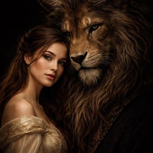 Peut inclure: Illustration numérique d'une femme en robe dorée aux longs cheveux bruns, appuyée contre une grande créature ressemblant à un lion avec une fourrure et des cornes brunes. Le fond est sombre, mettant en valeur les personnages.