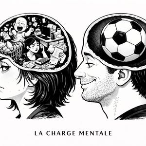 May include: Black and white illustration depicting two people with open heads. One person's head contains a soccer ball, the other a baby, groceries, and a woman at a desk. The text "LA CHARGE MENTALE" is at the bottom.