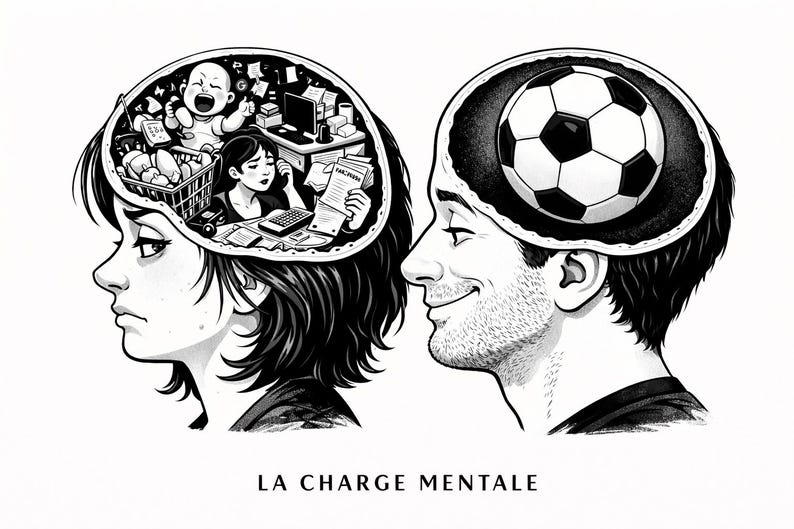 May include: Black and white illustration depicting two people with open heads. One person's head contains a soccer ball, the other a baby, groceries, and a woman at a desk. The text "LA CHARGE MENTALE" is at the bottom.