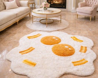 Hand-Tufted Egg Bacon Rug | Wool Statement Carpet, White Gold Dopamine Decor