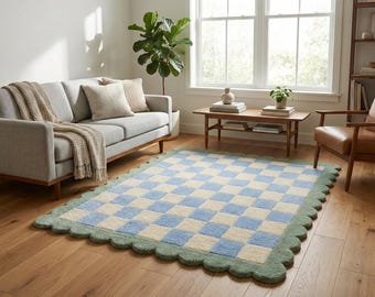 Hand-Tufted Wool Rug: Dusty Blue Cream Checkerboard Scalloped Border Carpet