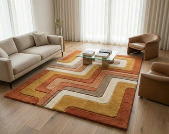 Alfombra de lana tejida a mano: moderna de mediados de siglo con ondas geométricas, terracota, mostaza y felpa