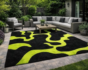 Electric Flow Hand-Tufted Wool Rug: Neon Lime Green Abstract Camouflage Design