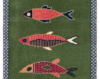 Tapete corredor de lã feito à mão com estampa de peixes, tapete de arte folclórica escandinava.