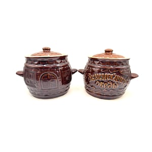 Juego de 2 ollas de cerámica soviéticas ucranianas vintage para hornear, década de 1980.