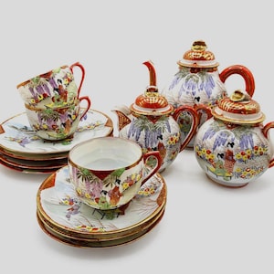 Antique Japanese Kutani Tea Set, Eggshell Porcelain, Hand Painted, 15 pcs, 1920s