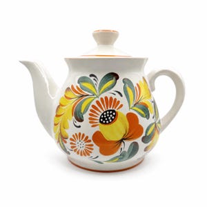 Stor vintage ukrainsk keramiktekanna / vattenkokare, 2,5 L. Petrykivka handmålad, Slavyansk keramikfabrik, Sovjetunionen, 1970-talet