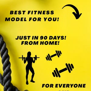 Op de afbeelding: Een gele achtergrond met zwarte tekst en afbeeldingen die fitness promoten. De tekst luidt: "BESTE FITNESSMODEL VOOR JOU! IN SLECHTS 90 DAGEN! VANAF THUIS! VOOR IEDEREEN EN IEDEREEN!" Bevat een silhouet van een persoon.
