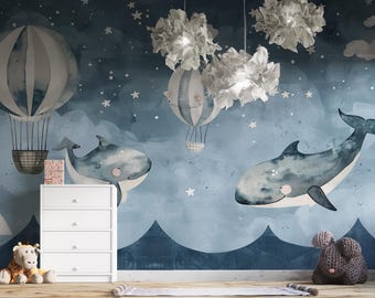 Dreamy Seascape mural | Illustration of Whales and Balloons Above Waves Peel and Stick Wallpaper: 103ST
