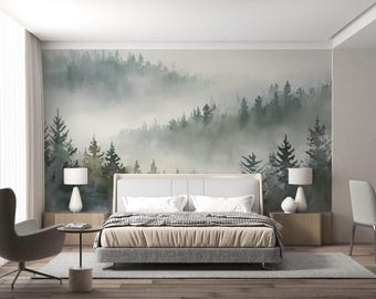 Misty Forest Dawn Tranquil Lake Reflection Peel and Stick Wallpaper: 59ST
