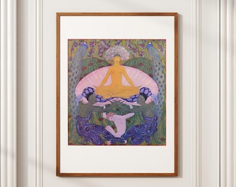 Puede incluir: Impresión de estilo Art Nouveau enmarcada en madera. La obra presenta una figura central en pose meditativa, rodeada de figuras con túnicas moradas y azules. Dos pavos reales flanquean la figura central, con un halo rosa.