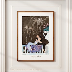 Może przedstawiać: Oprawiony wydruk przedstawiający parę obejmującą się na balkonie, z fajerwerkami w tle. Kobieta ma na sobie jasnoniebieską sukienkę, a mężczyzna czarny garnitur. Grafika ma styl vintage z napisem "Le feu" na dole.