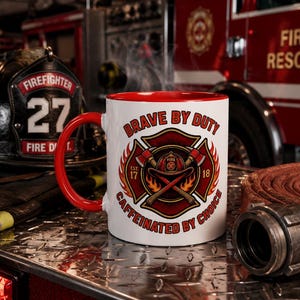 Brave By Duty Caffeinated By Choice Mug, Firefighter Coffee Mug, Fireman Gift, First Responder Mug, Fire Department Gift