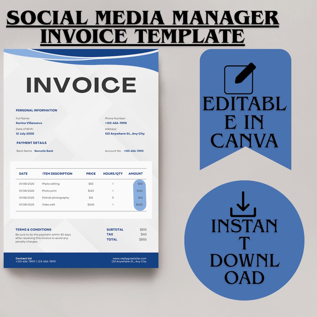Social Media Manager Invoice Template, Boho Style, Canva Editable ...