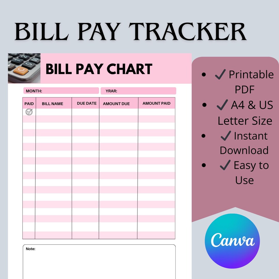 Printable Bill Pay Chart, Monthly Payment Log, Expense Tracker ...
