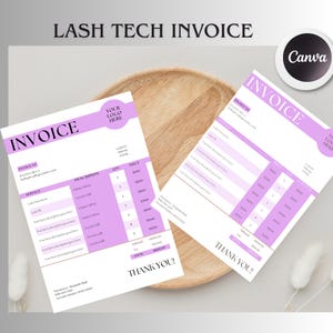 May include: Two lavender and white Lash Tech invoices with the text "LASH TECH INVOICE" at the top. The invoices include sections for service descriptions, quantities, and prices. The Canva logo is visible in the upper right corner.