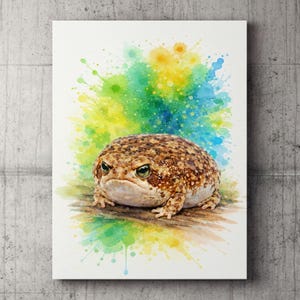 May include: A watercolour painting of a round, brown toad with green eyes. The toad is set against a backdrop of colourful paint splatters in shades of green, yellow, and blue. The artwork is on a white canvas.