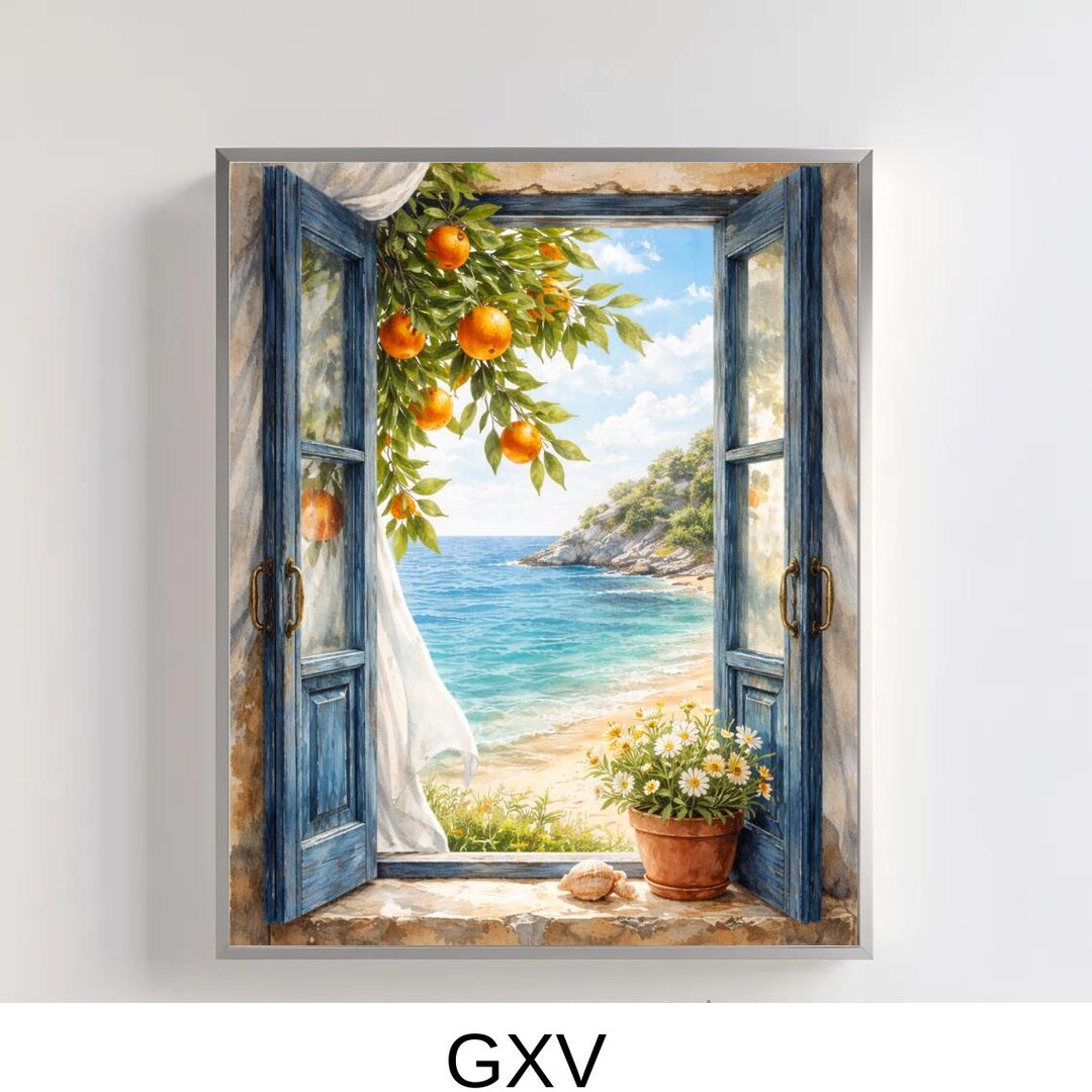 Mediterranean Window View Printable Art - Coastal Orange Tree Wall ...