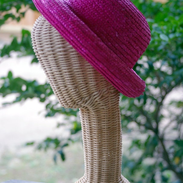 bright PINK straw BOWLER boater ladies hat 1980s