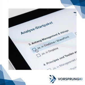 Op de afbeelding: Een close-up van een tabletscherm met een Duitstalig menu met de titel "Analyse-Startpaket". Het scherm toont opties voor bestandsbeheer, waaronder OneDrive en Dropbox. Een handcursor zweeft over een selectievakje.