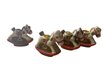 Lot de 4 mini bougeoirs vintage en céramique cheval à bascule en céramique, décoration de Noël