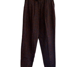 Vintage Maggie Lawrence Sport bruine broek met paisleyprint en plooien, inclusief riem, maat 12