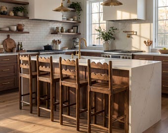 Walnut Scalloped Back Bar Stool, Modern Kitchen Island Seating, Solid Wood Handcrafted Chair DL1011ZZ