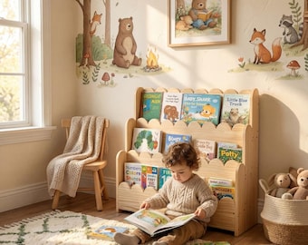 Montessori Front Facing Bookshelf, Natural Solid Wood Toddler Bookcase, Kids Playroom Display Shelf DL1013ZZ
