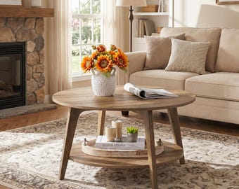 Mesa de centro redonda, mesa auxiliar de estilo moderno de mediados de siglo, mesa auxiliar de madera de dos niveles con almacenamiento, patas cónicas para la decoración de la sala de estar DL1015ZZ