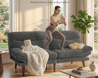 Small Space Corduroy Futon, 66 Inch Convertible Sofa Bed, Adjustable Loveseat Sleeper for Studio Apartment DL1014ZZ