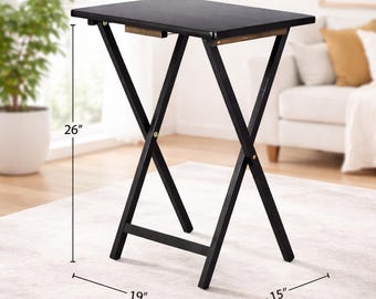 Foldable TV Tray Table Set of 4 with Storage Rack, Folding Snack Tables for Living Room, Space Saving Portable Dinner Trays Black DL1007ZZ