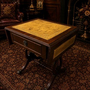 Vintage Regency Mahogany Drop Leaf Side Table Leather Top Drawer