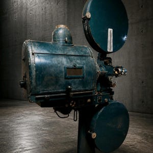 Op de afbeelding: Een antieke teal-kleurige filmprojector met een grote lens en ronde componenten. De projector is gemonteerd op een voetstuk tegen een betonnen muur. De vintage apparatuur vertoont tekenen van slijtage.