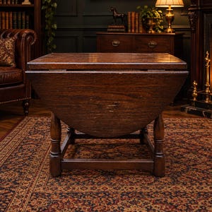 May include: A dark brown wooden drop-leaf table with a rectangular top and two hinged semi-circular side leaves. The table features four sturdy turned legs connected by a rectangular base frame, showcasing a rich wood grain finish throughout.