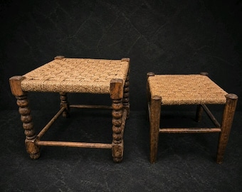 Pair Vintage Rustic Rush Seat Wooden Stools