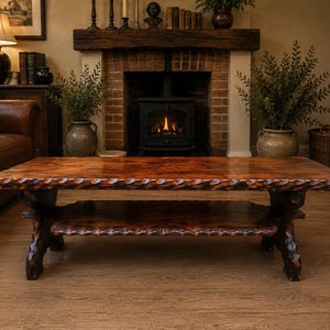 May include: A rectangular wooden coffee table with a dark brown finish, featuring a smooth top surface and a lower shelf. The edges of both the tabletop and the shelf have a distinct, carved, scalloped texture, supported by four sturdy legs.