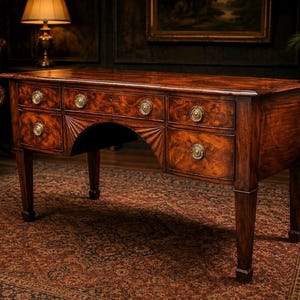 May include: A rectangular wooden desk with a rich brown finish and a prominent burl wood grain pattern. The desk features five drawers, each equipped with a circular brass pull, and a central arched kneehole with decorative fan-shaped carvings.