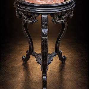May include: A round pedestal table featuring a dark black wooden frame with intricate carved details on the legs and apron. The tabletop is inlaid with a circular piece of polished red marble with white veining, supported by three curved legs.