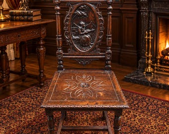 Zeldzame Franse Bretonse stoel, antiek, handgesneden, figuratief, Bretonse volkskunst, eikenhout