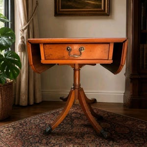 Puede incluir: Una mesa de madera con alas abatibles y un cajón central único con un tirador de latón. La mesa se apoya en una base de pedestal central que se divide en cuatro patas curvas, cada una terminando en un detalle de metal oscuro.